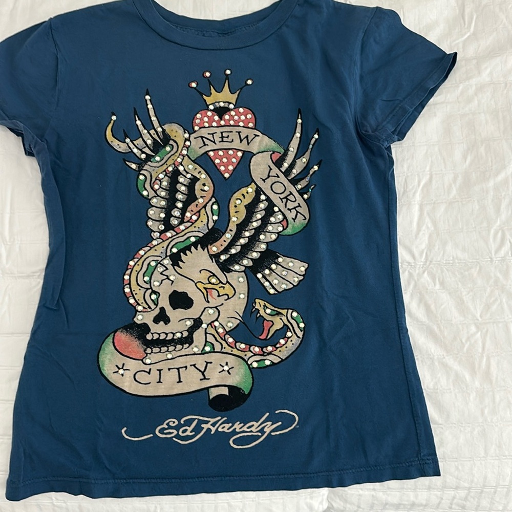 Ed Hardy New York City XS t shirt used lightly dark blue with rhinestones